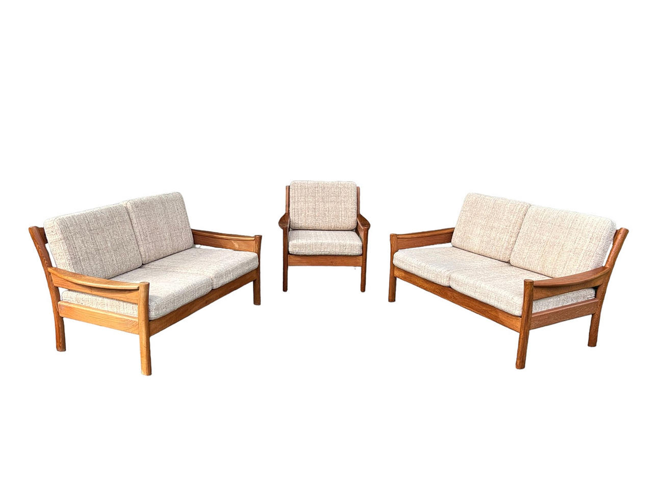 2 sofas with armchair, Dyrlund, teak, Denmark, 1970s.