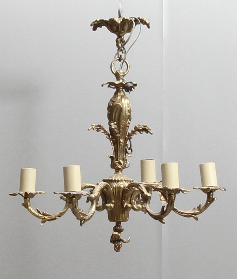 TAKLAMPA, 6 st ljusarmar, gulmetall, 1900-tal.