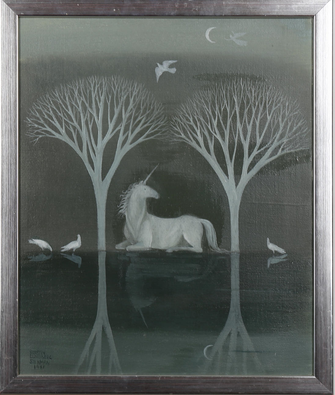 KERSTIN LUNDBERG STENMAN. Drömbild med enhörning, olja på duk, signerad och daterad 1981.