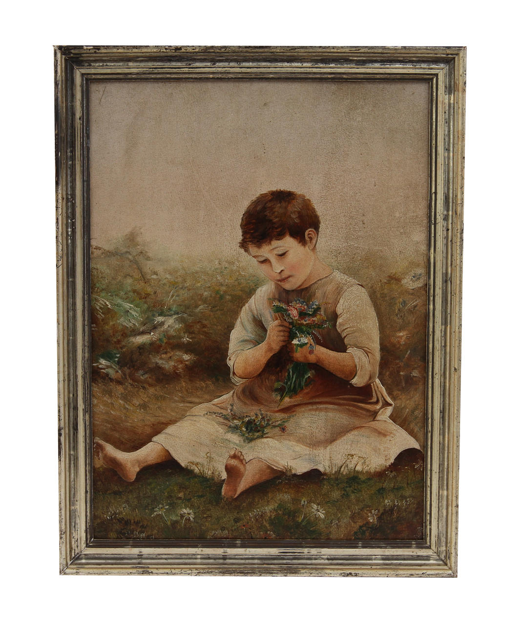 OKÄND KONSTNÄR. Olja på pannå. Flicka med blommor.