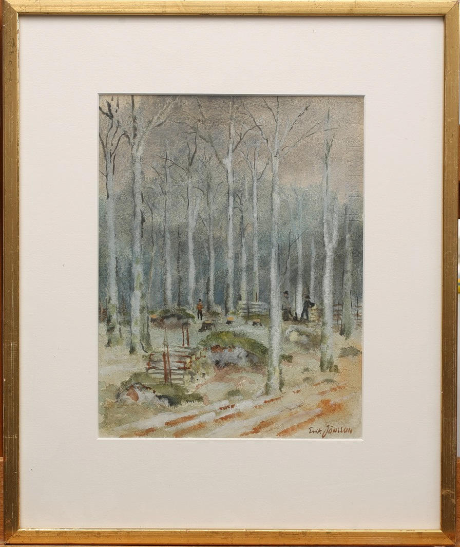 ERIK JÖNSSON. Watercolor, Lumberjack, signed.
