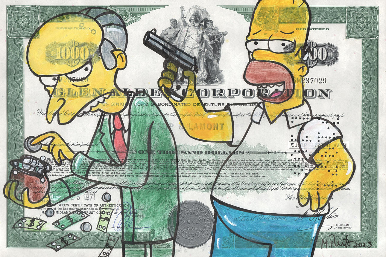 MANUELA REITZ. 'Homer Simpson & Mr. Burns', 2023, mixed media on stock, signed.