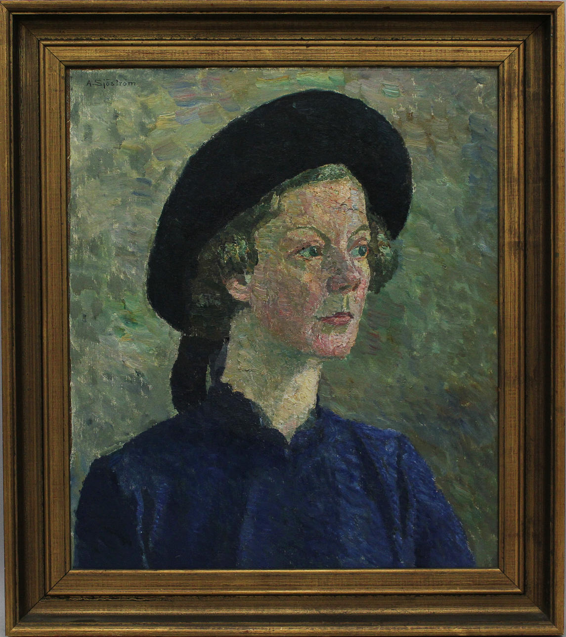 ALBERT SJÖSTRÖM. Kvinnoporträtt. Olja på pannå. Signerad A Sjöström.