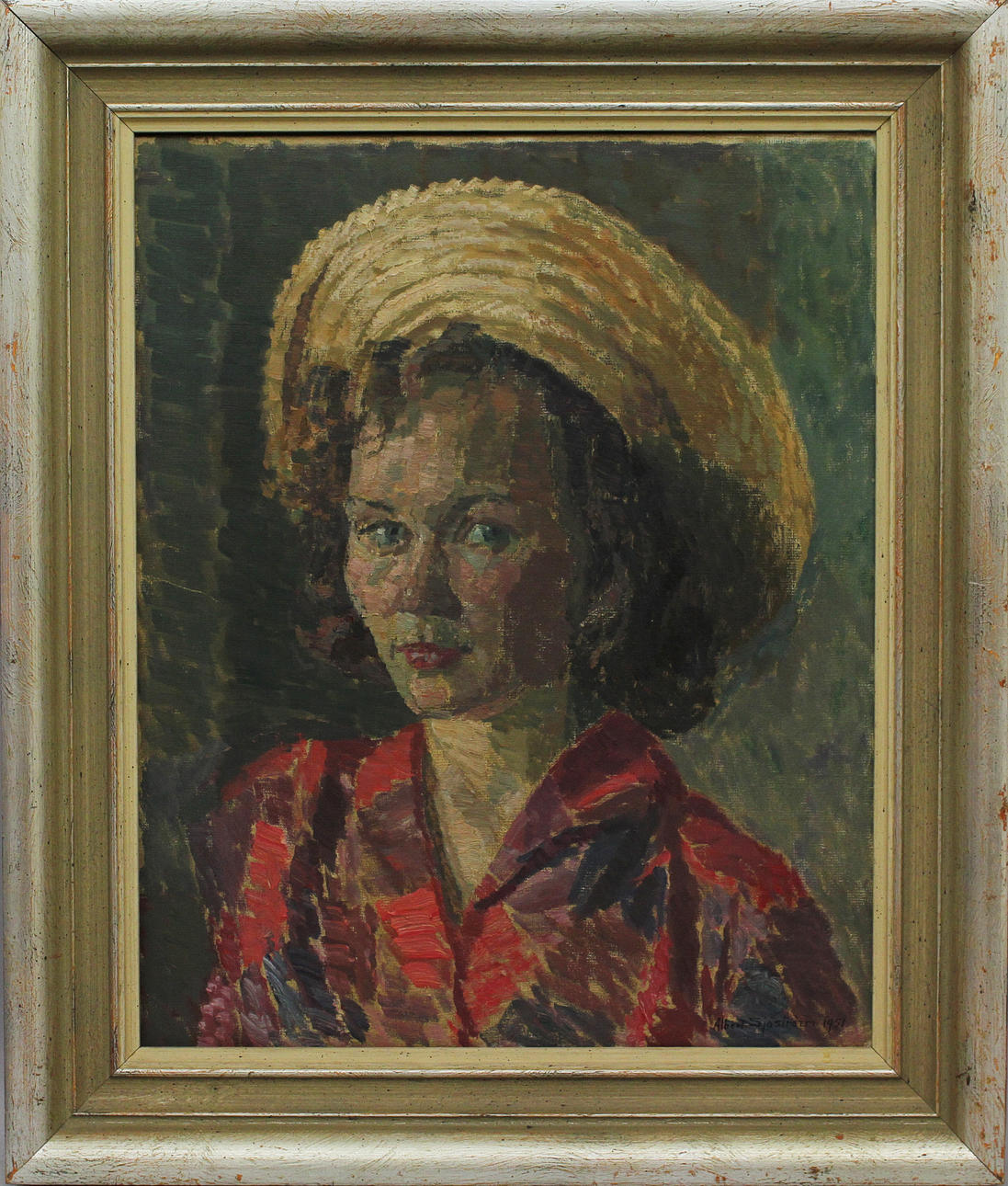 ALBERT SJÖSTRÖM. "Flicka i röd blus och halmhatt, 1951". Olja på duk. Signerad A Sjöström.