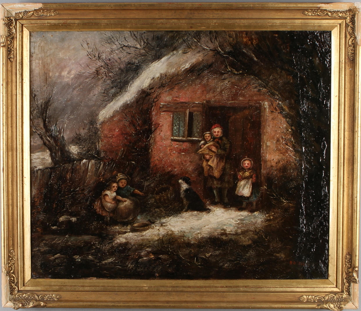 OIDENTIFIERAD KONSTNÄR. Gårdsmotiv med figurer, olja på duk, otydligt signerad.