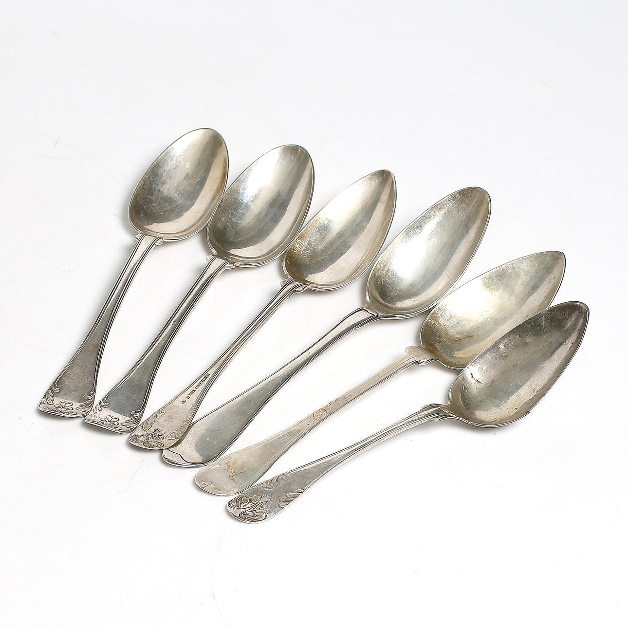 SKEDAR, 6 st, silver, bl.a. Johan Adolf Hamrin, Sundsvall, 1800-tal. Vikt 298 gram.