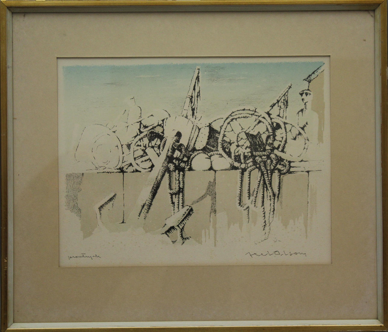 AXEL OLSSON. "Kajplats". Färglitografi. Signerad. Provtryck.