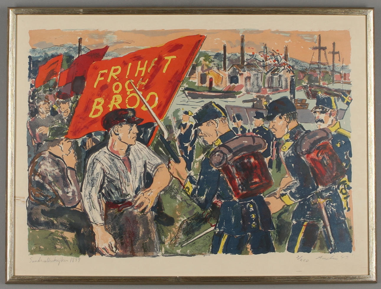 ALBERT AMELIN. "Sundsvallstrejken 1879", färglitografi, signerad och numrerad 2/260.