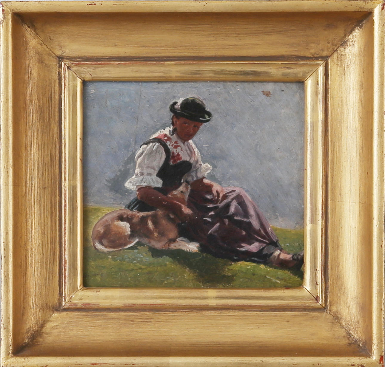 OIDENTIFIERAD KONSTNÄR. Djurvännen, olja på pannå, osignerad, 1800-tal.