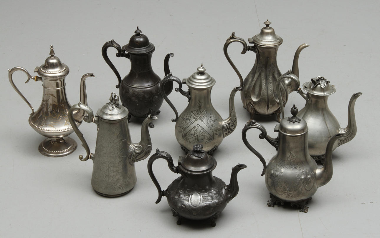 PARTI KANNOR, 8 st, tenn med mera, 1800/1900-tal.