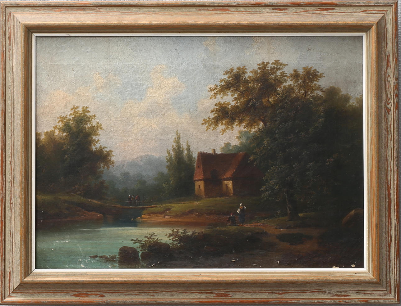 OIDENTIFIERAD KONSTNÄR. Människor vid vattendrag. Olja på duk, osignerad, 1800-tal.