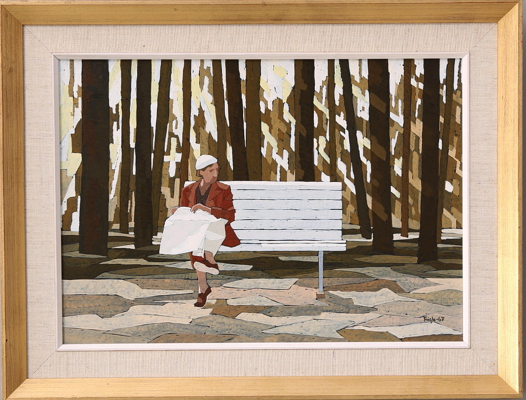 LARS FRICK. Akryl på pannå, "Parkbänk, Enskede" signerad, daterad -67.