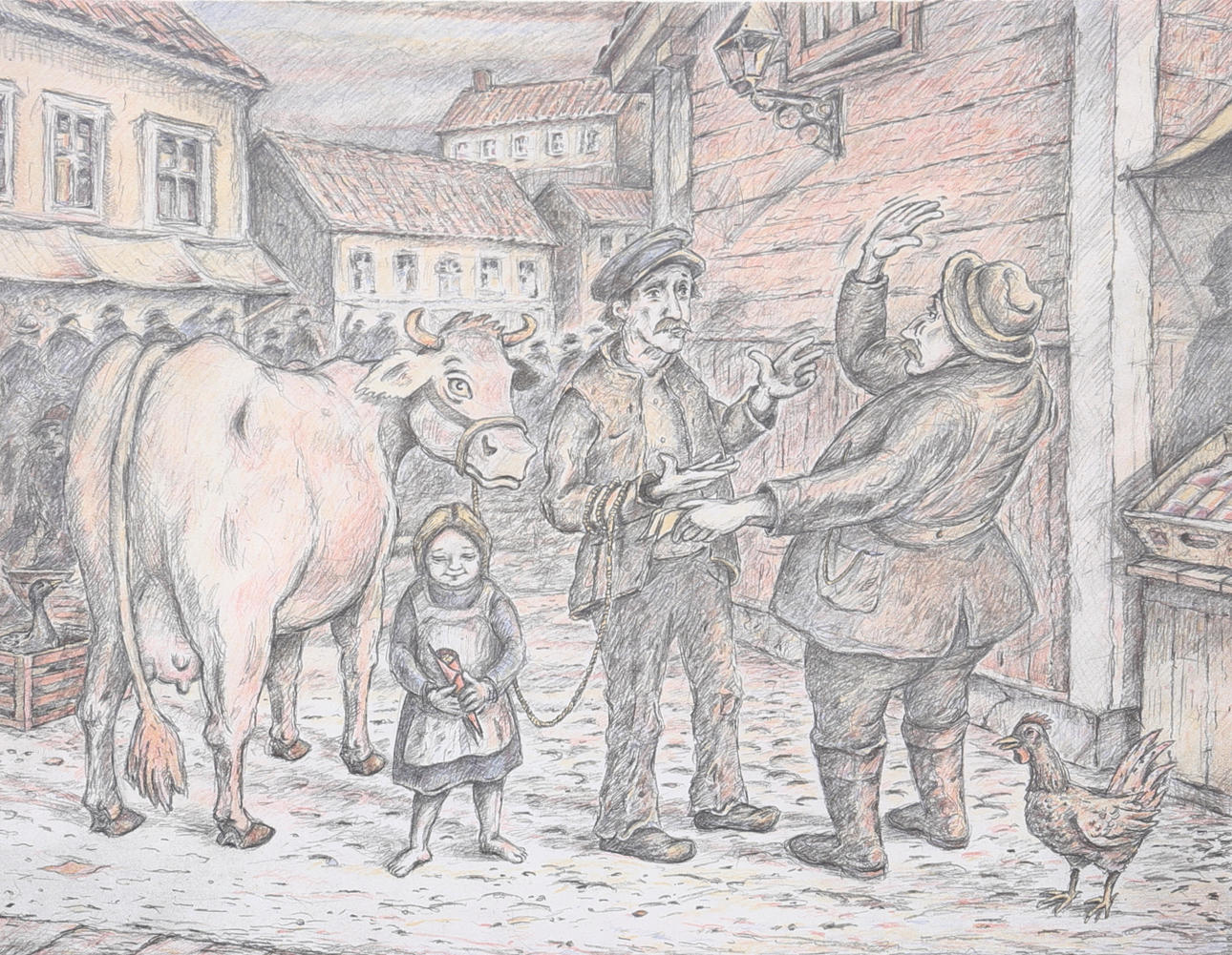 MICHAEL HASKETT. Color lithograph, "Autumn market", signed, dated 90.