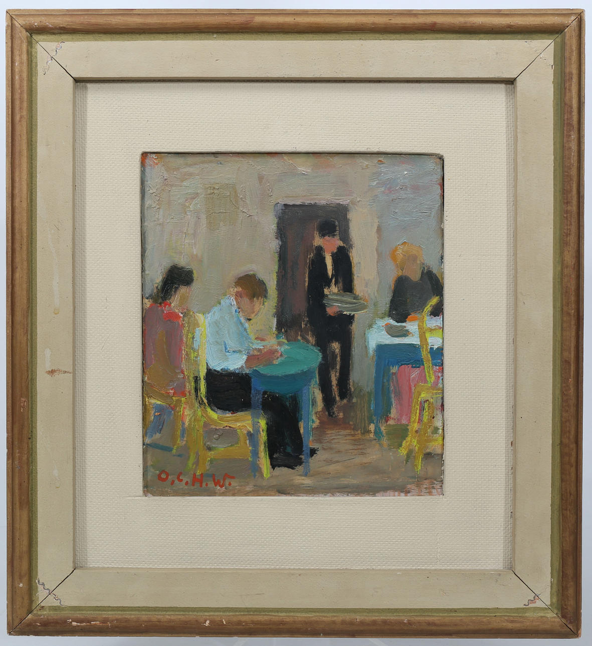 OSCAR C H WICKSTRÖM. Olja på pannå, På restaurang, signerad O.C.H.W.