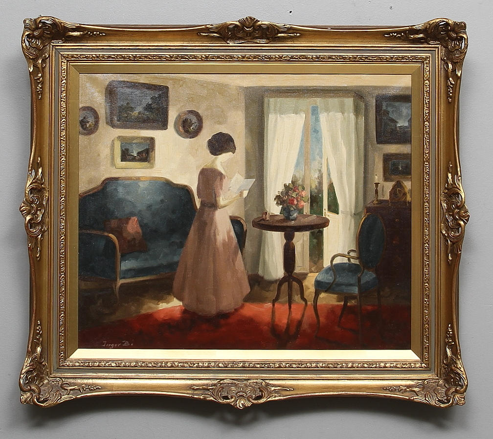 INGER BO. Interiör. Olja på duk. Signerad.