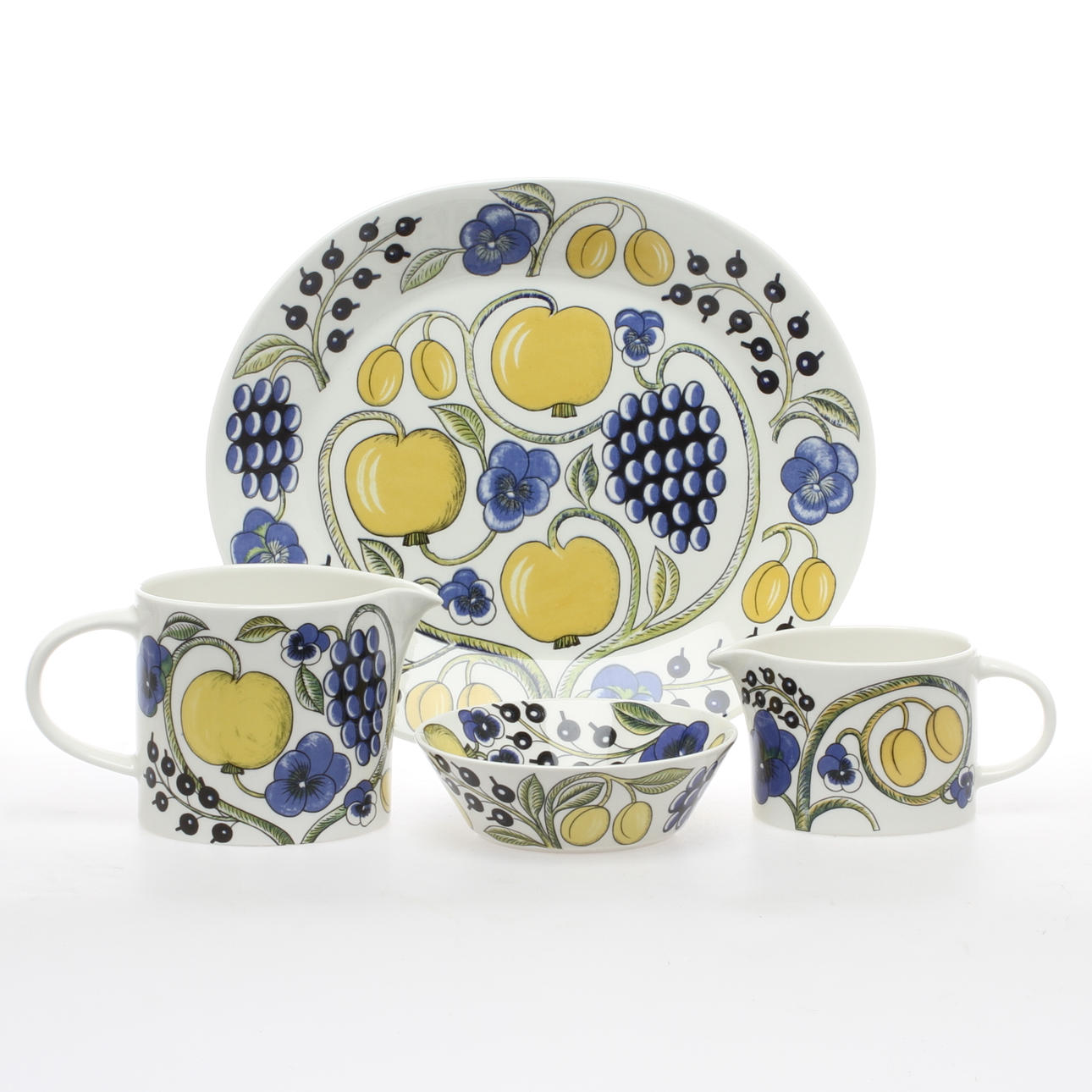 SKÅLAR 10 st, KANNOR 2 st samt FAT, porslin, "Paratiisi", Birger Kaipiainen, Arabia.