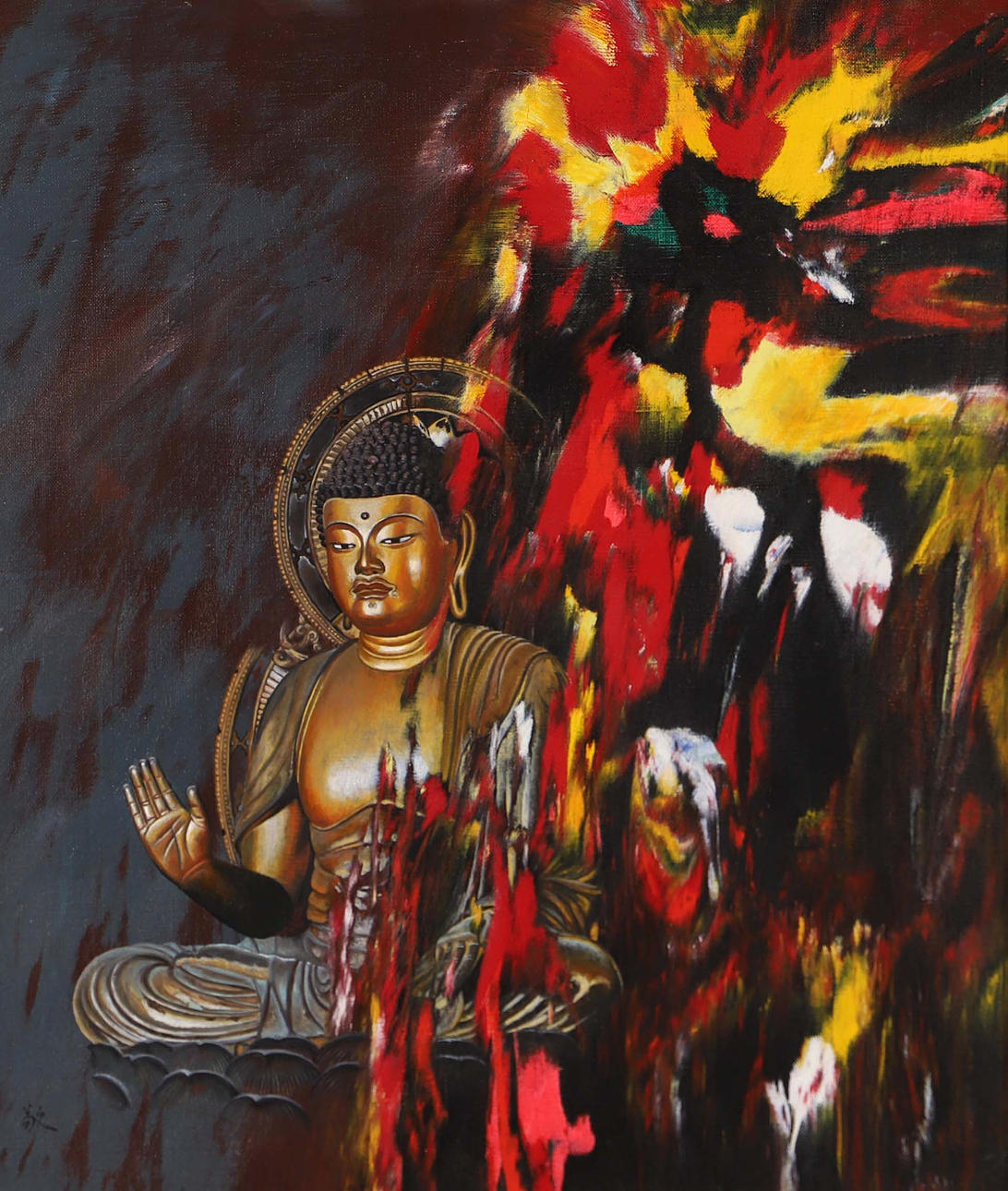 KEIKO RYU. Buddha, oil on canvas, signed.
