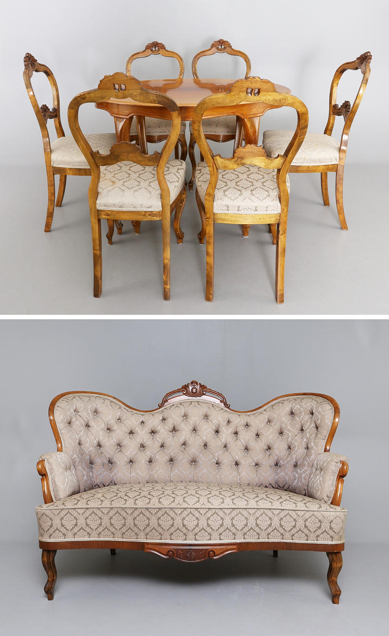 SALONGSMÖBLER, 8 delar, rokokostil, 1880-tal.