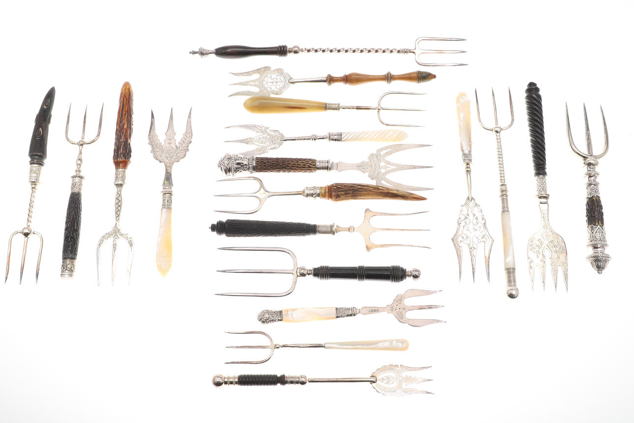 A LARGE COLLECTION OF VICTORIAN AND LATER BREAD FORKS. Silver & Metals ...