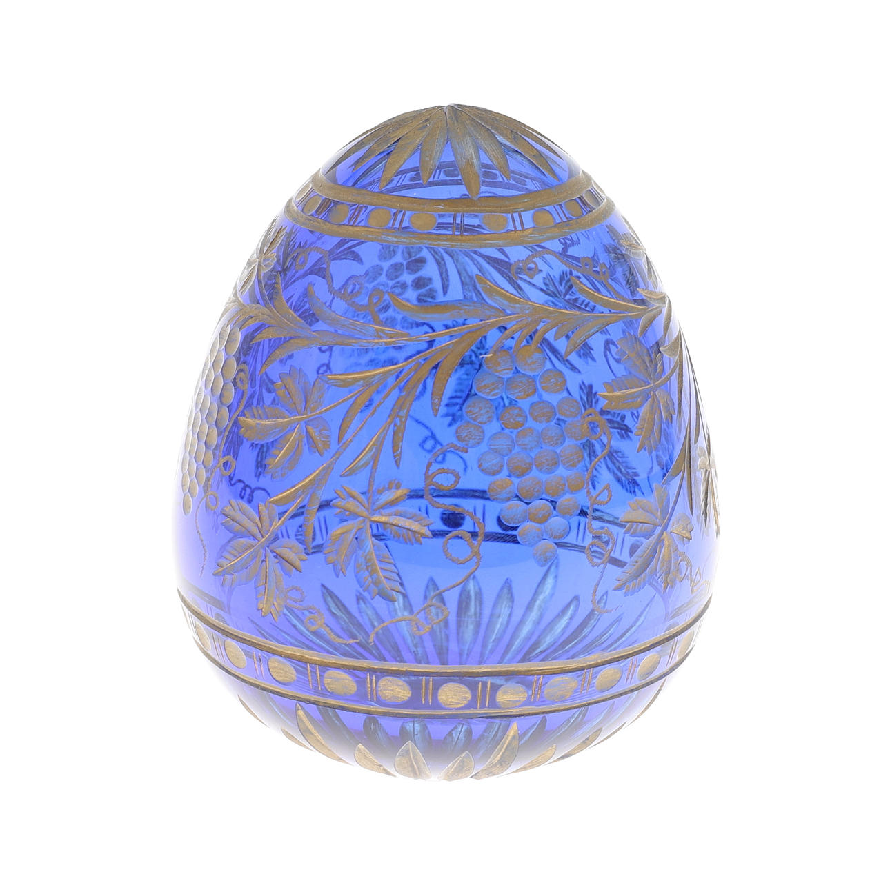 A RUSSIAN GILT DECORATED CUT BLUE GLASS EASTER EGG.