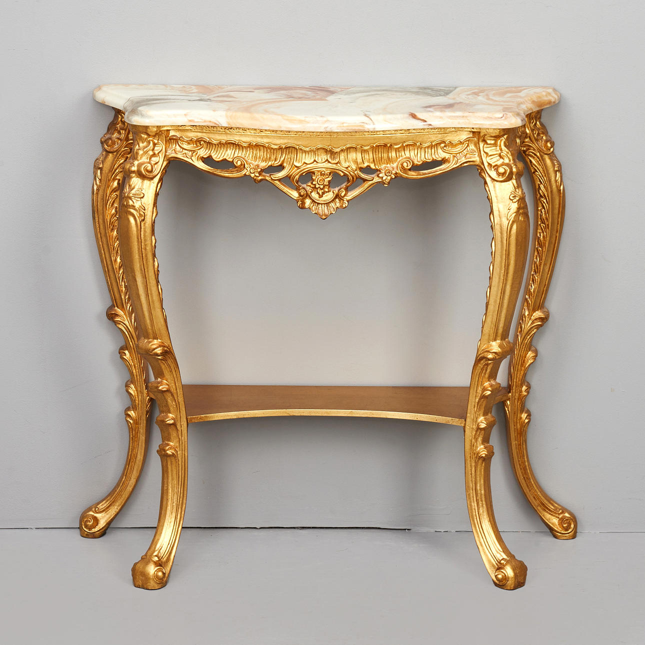 CONSOLE TABLE, rococo style, composite top, gold painted, 2000s.