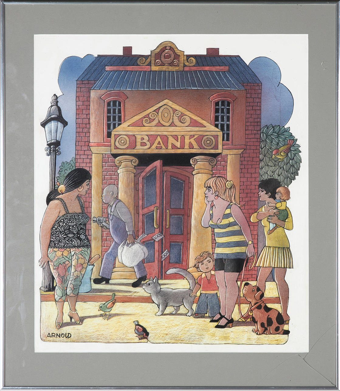 HANS ARNOLD. Bank robbery, mixed media, signed.