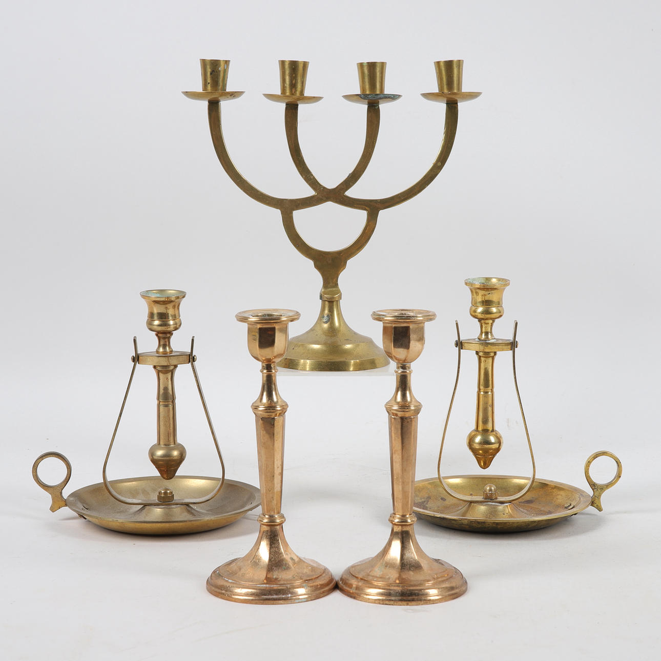 CANDLE STICKS, 5 pcs, brass & ore.