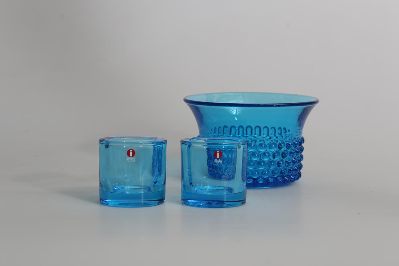 SKÅL OCH LJUSSTAKAR, glas, 3 delar, Arabia och Iittala.
