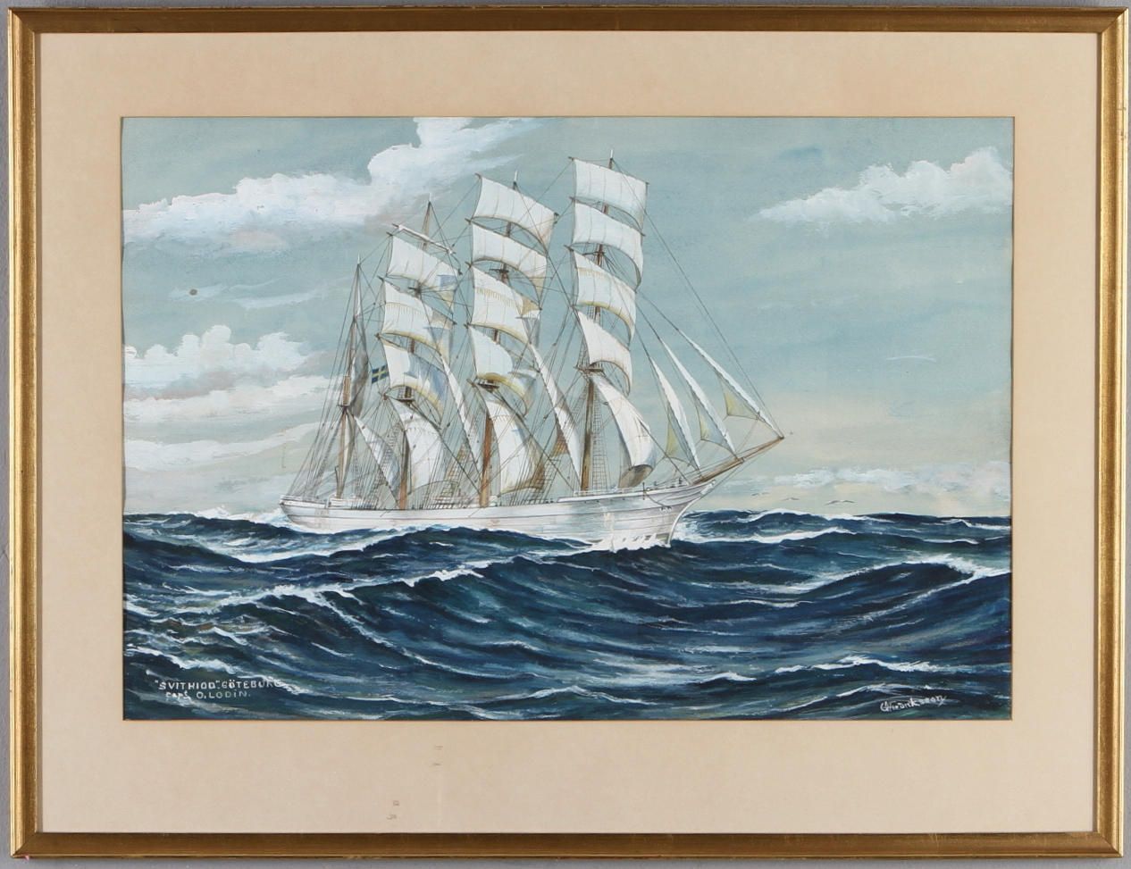 GUSTAF FREDRIKSSON. Fartygsporträtt föreställande "Svithiod" Göteborg, capt. O Lodin, akvarell och täckvitt, signerad.
