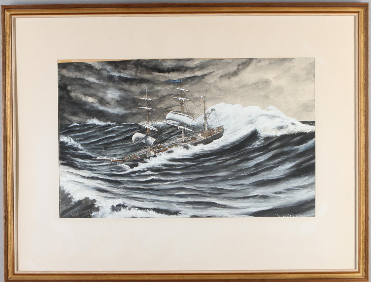 GUSTAF FREDRIKSSON. Fartygsmotiv föreställande Jolani av Stockholm i hög sjö, akvarell och täckvitt, signerad.