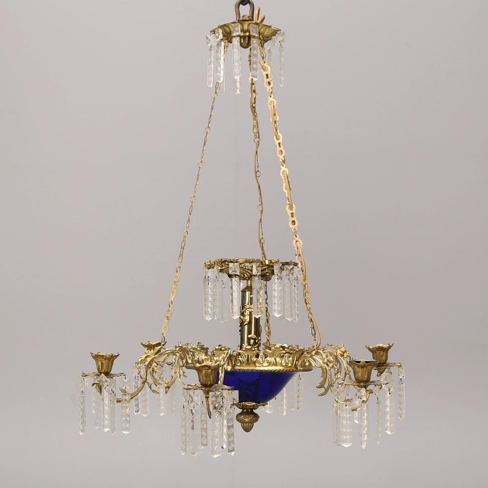 LJUSKRONA, glas/metall/prismor, oscariansk 1800-tal, höjd 85 cm.