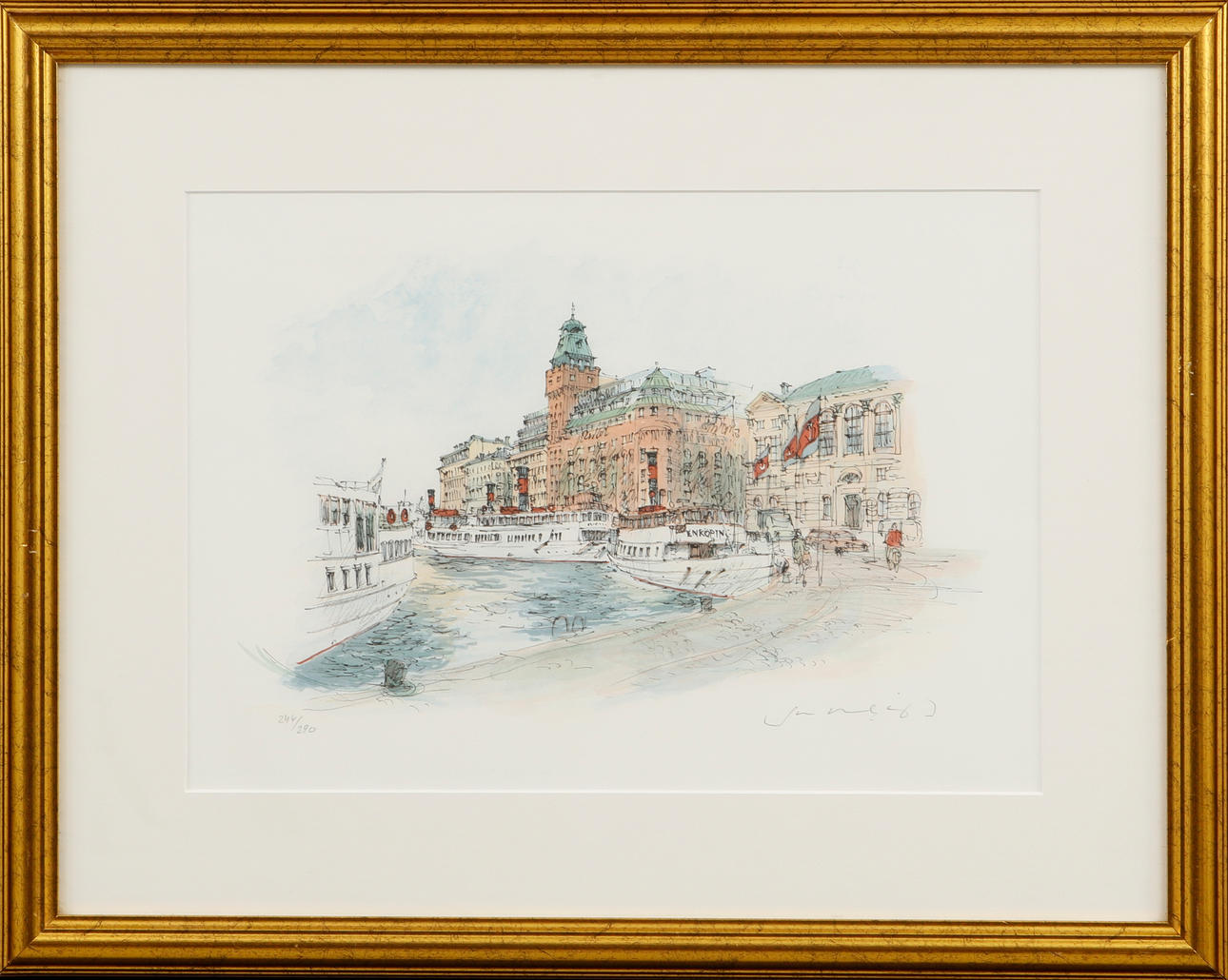 JAN LUNDQVIST. Motif from Nybroviken, Stockholm. Color lithograph, signed and numbered 244/290.