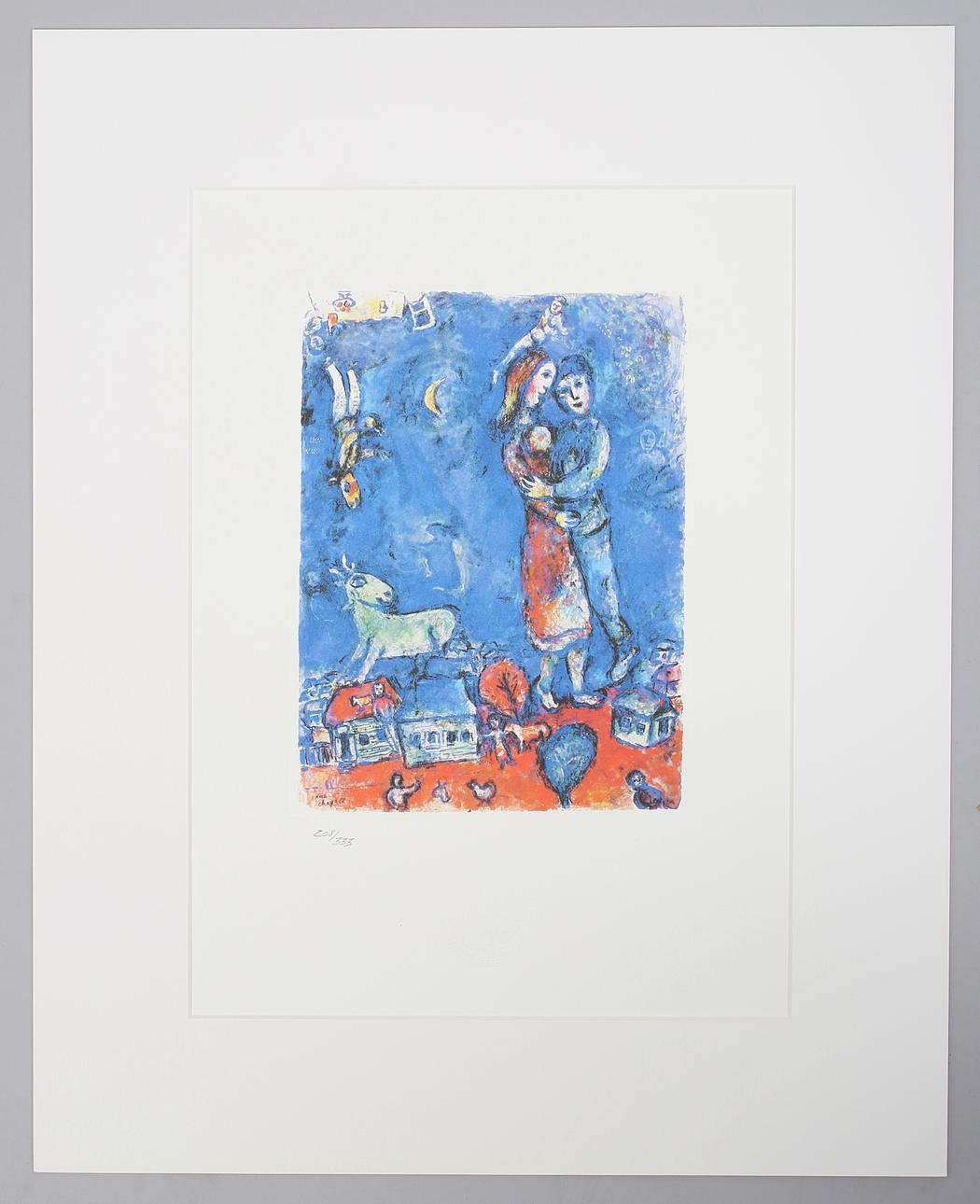 MARC CHAGALL (6. JULI 1887- 28. MÄRZ 1985). EFTER. drömjägare, zinketsning på handgjort papper i passe-partout.