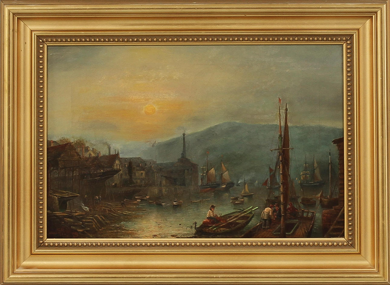 CLAUDE T STANFIELD MOORE. Hamnbild med figurer, olja på duk, signerad och daterad 79.