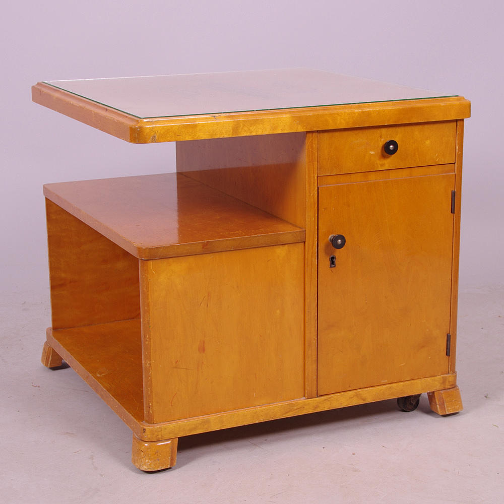 RÖKBORD, björk med glasskiva, art deco.