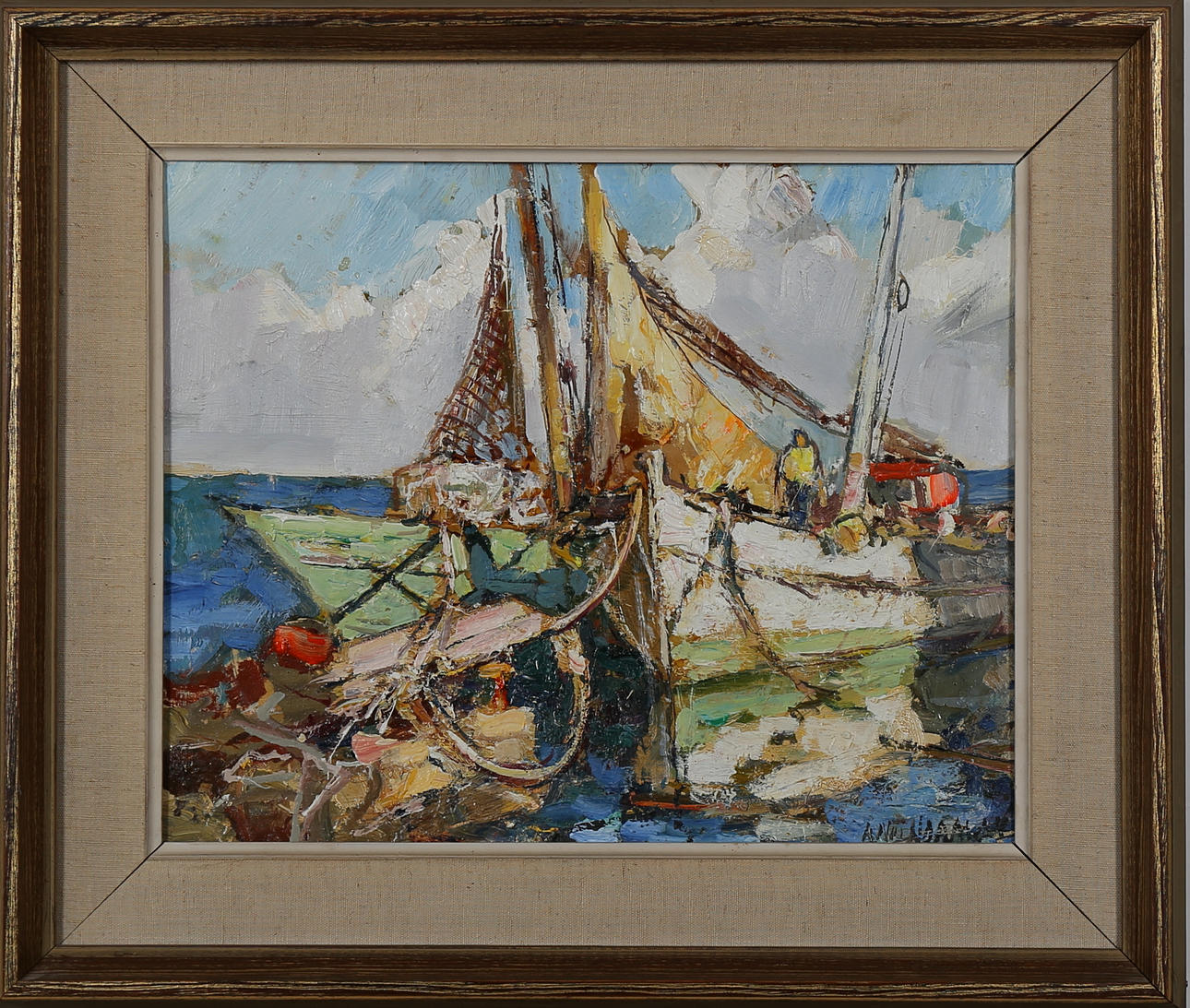 KNUT NORMAN. Fiskebåtar, olja på pannå, signerad.