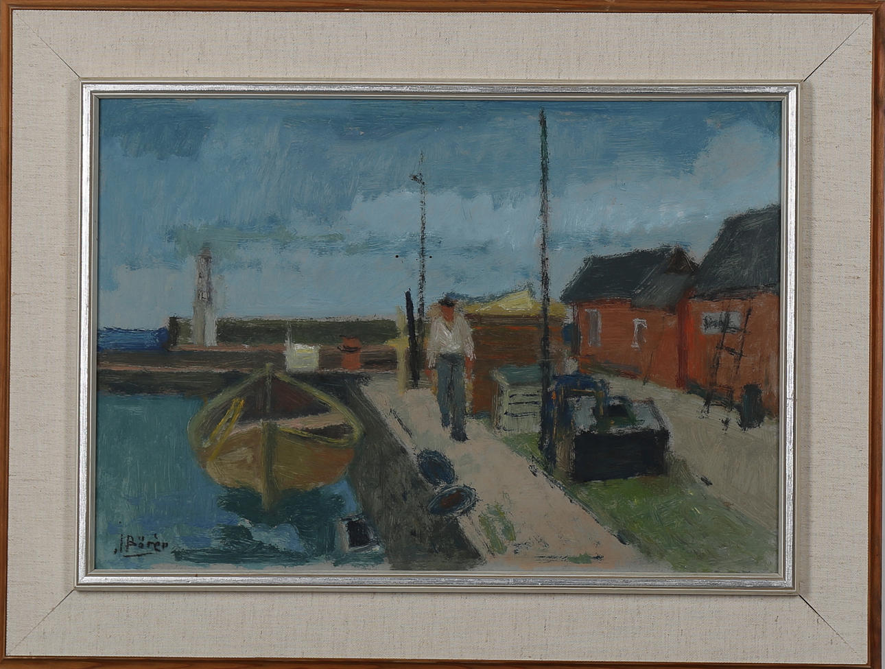 JOHAN BÖRÉN. Fiskehamn, olja på pannå, signerad J Börén.
