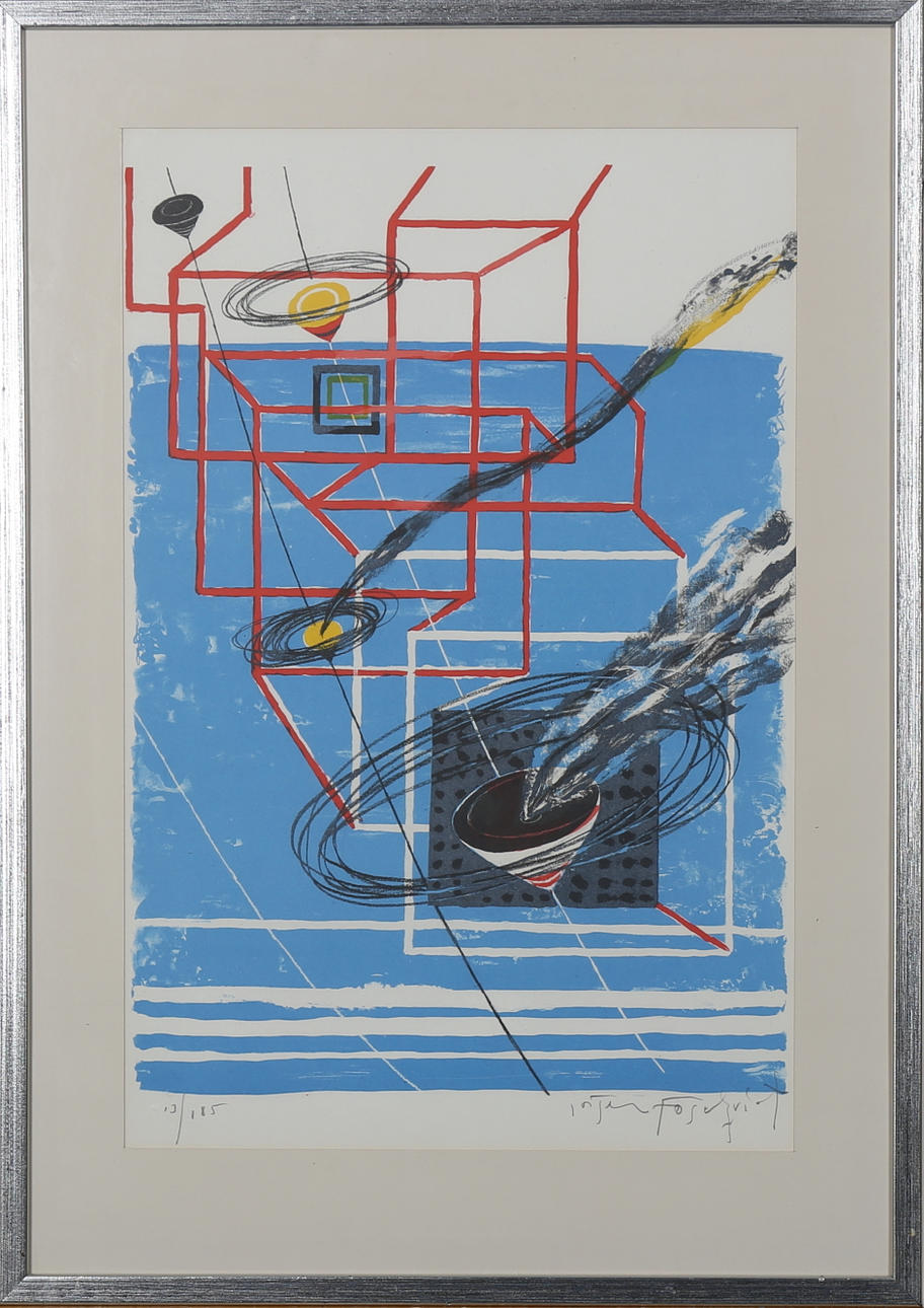 JÖRGEN FOGELQUIST. Komposition, färglitografi nr 13/185, signerad.