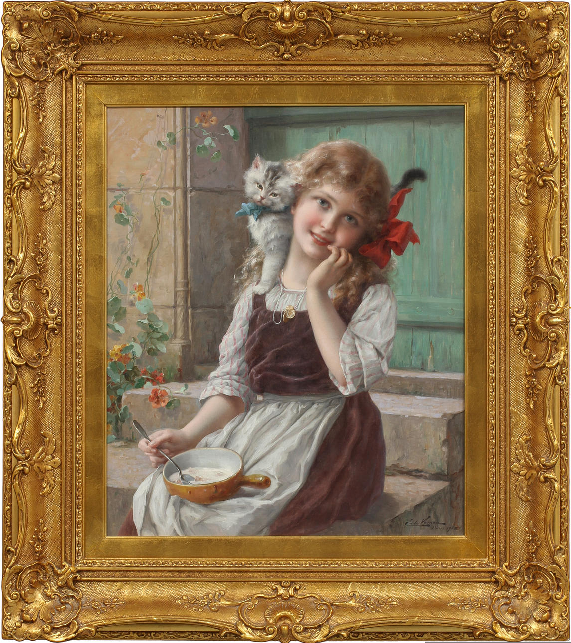 EMILE VERNON (1872-1919). Flicka på trappa med katt på axeln. Olja på duk.