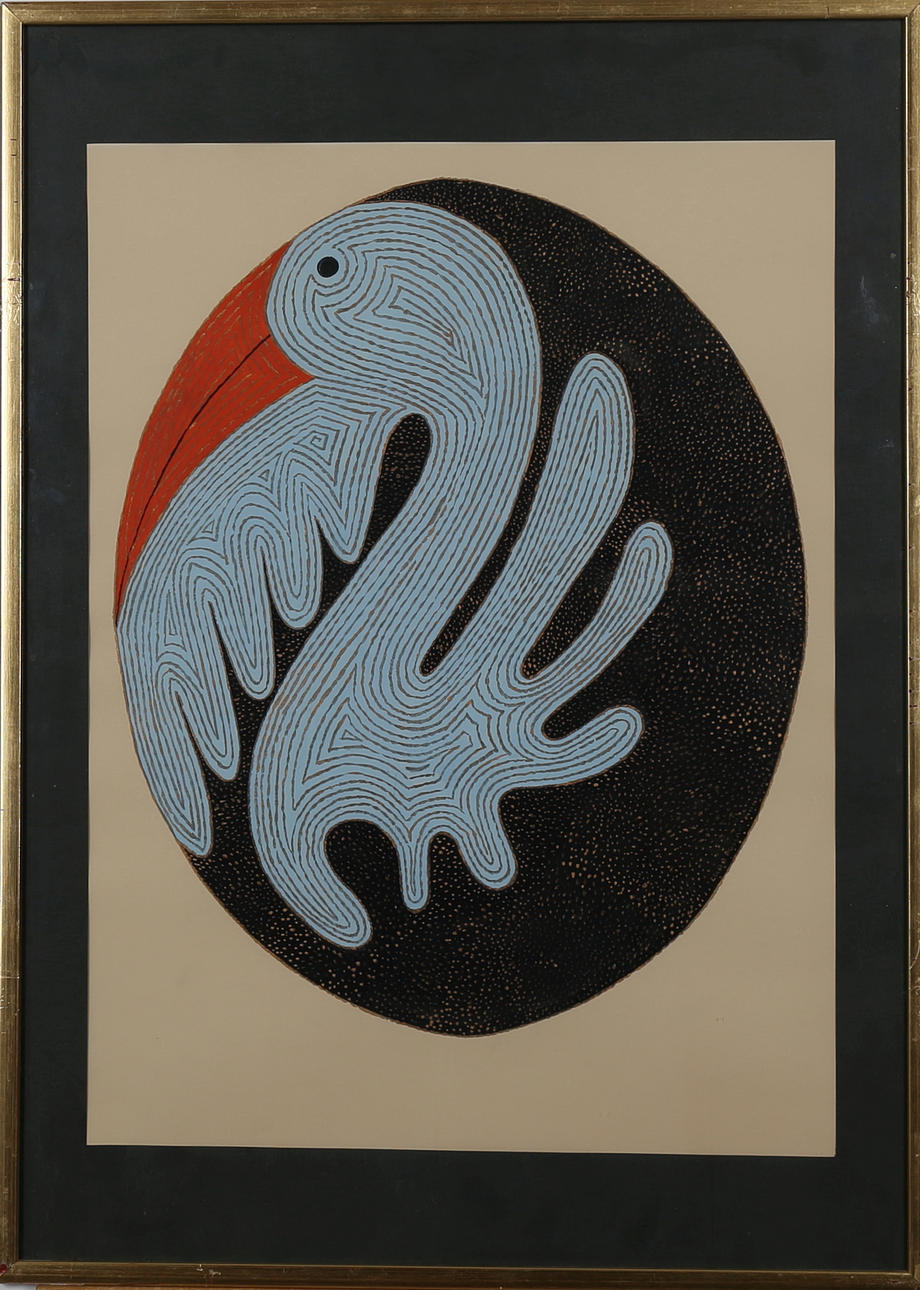 LUDO POLLAK. Motiv av fågel i ett ägg, blandteknik, signerad.