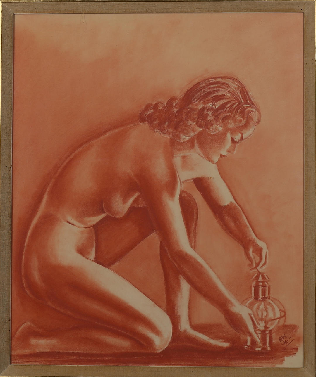 OIDENTIFIERAD KONSTNÄR. Studie av naken kvinna, rödkrita, signerad AK-46.