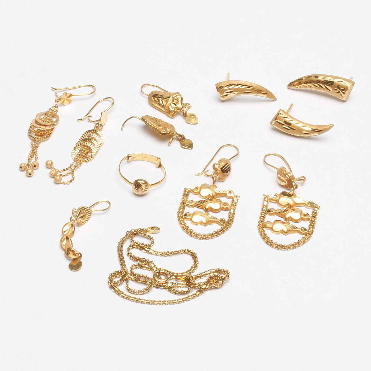 HALSKEDJA, RING samt ÖRHÄNGEN, 21k guld, vikt ca 22,5 gr.