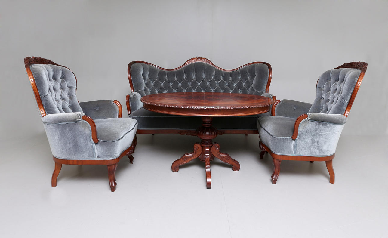 SALONGSMÖBEL,4 delar, rokokostil,1950-tal.