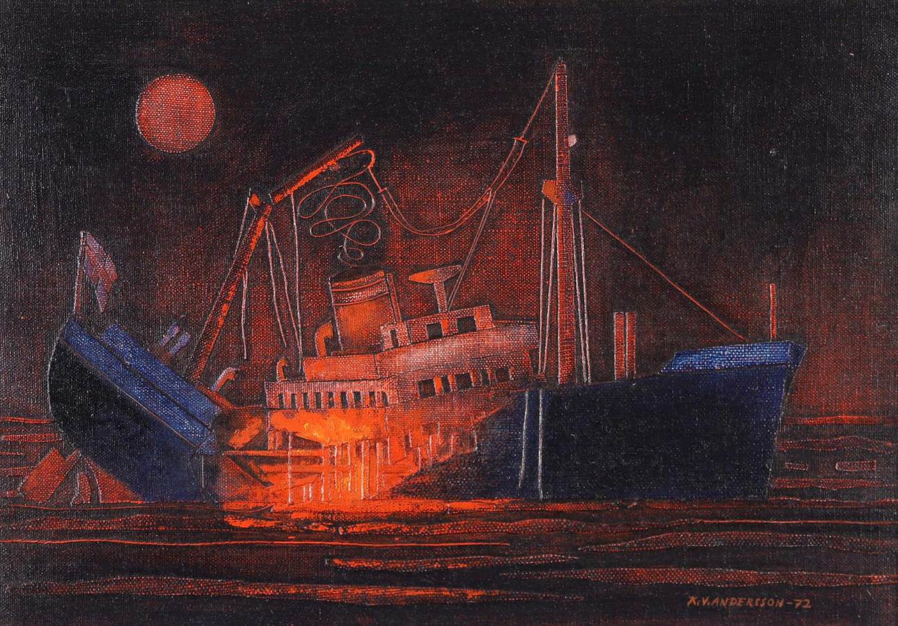 OIDENTIFIERAD KONSTNÄR. Sinkendes Schiff, Mischtechnik, signiert KV Andersson -72.