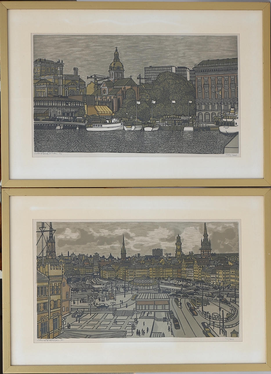 SVENOLOV EHRÉN. Stockholmsmotiv. Färglitografier, 2 st, signerade och numrerade 209/360 samt 41/360.