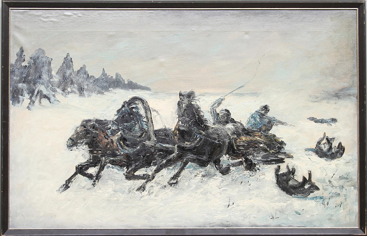 OIDENTIFIERAD KONSTNÄR. Vargjakt med trojka. Olja på duk, signerad A Kwiatkowski.