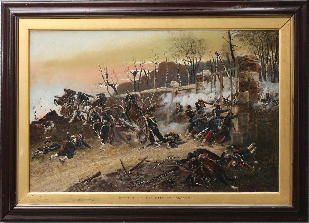 ALPHONSE DE NEUVILLE. EFTER. "Defence of the gate of Longbayou". Påmålat tryck, 1800/1900-tal.