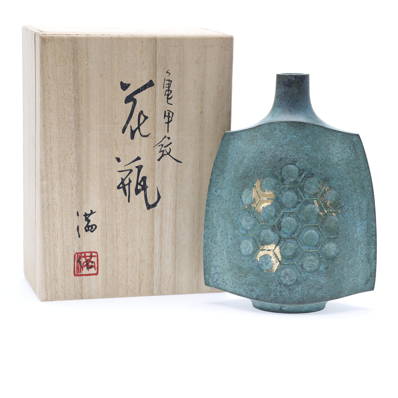 OHAKA MITSURU. GREEN BRONZE VASE, Original Wooden Box, Japan