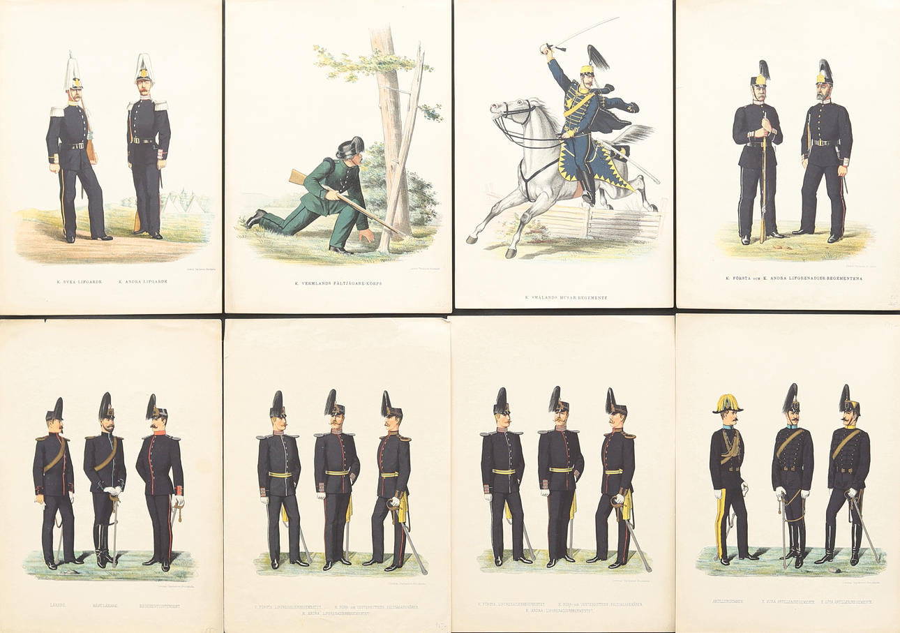 PLANCHER, 8 stycken litografiska tryck, svenska uniformer.