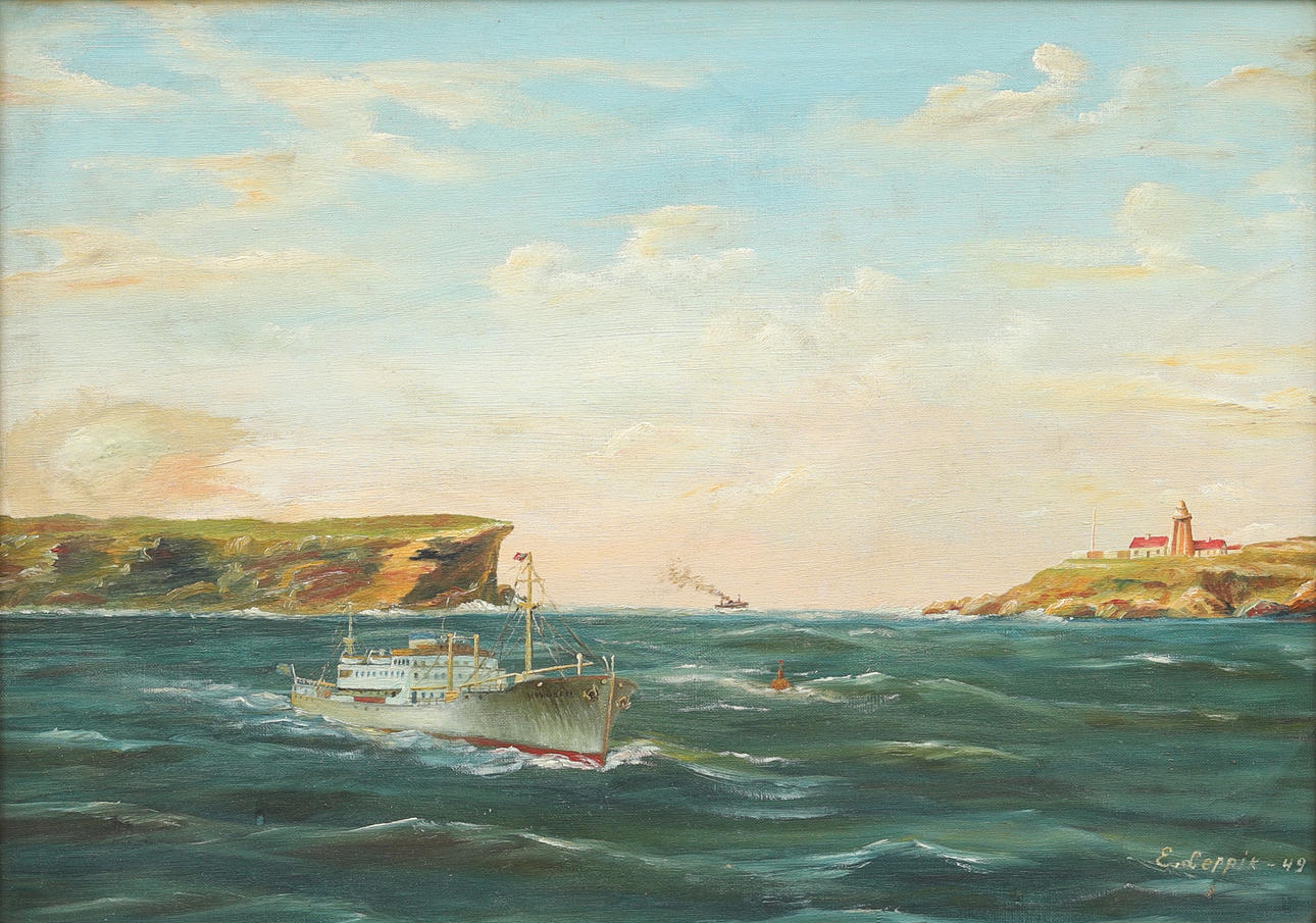 ELMAR LEPPIK (ESTLAND, FÖTT 1914). Ship motif, oil on canvas, signed and dated -49.